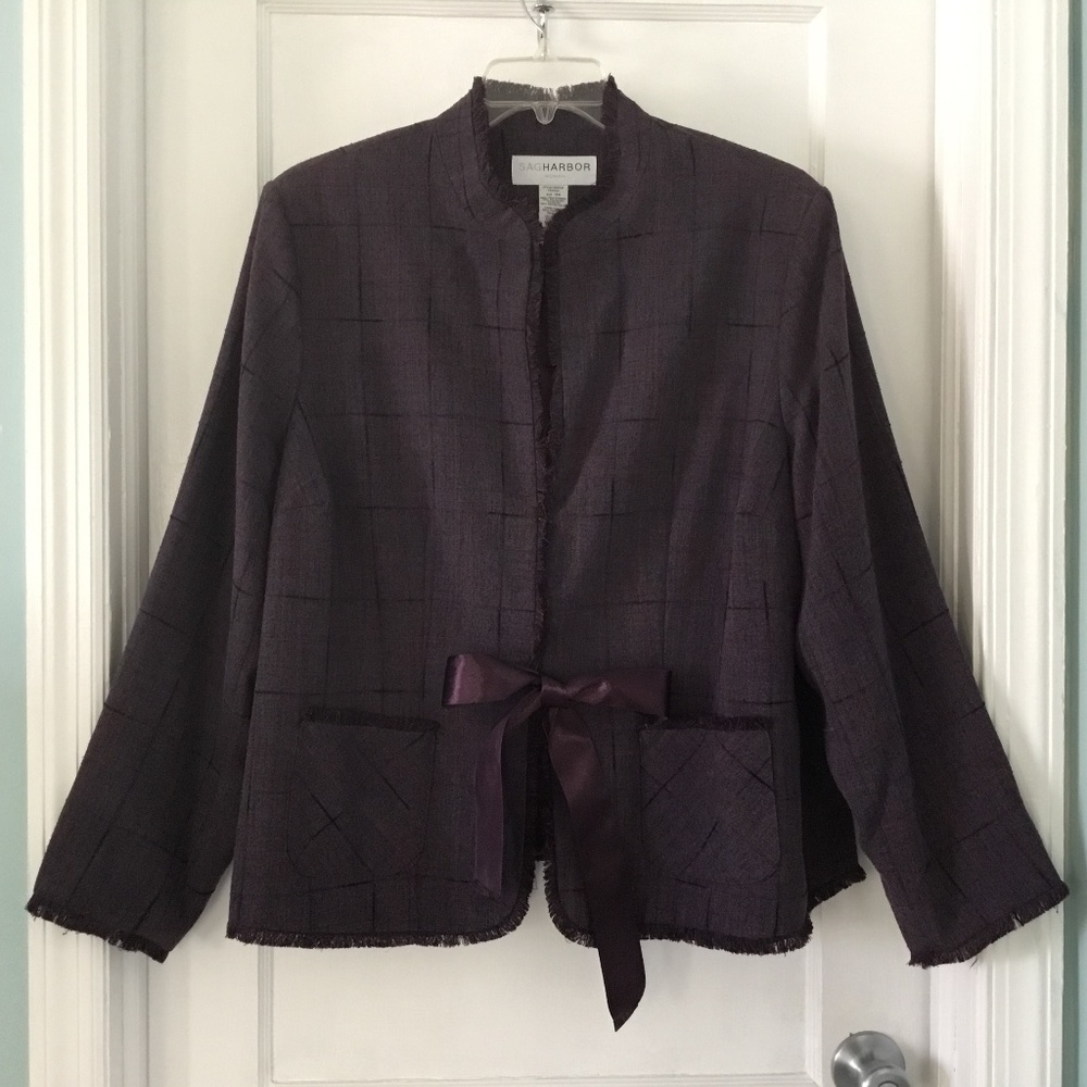 SAG HARBOR Purple Blazer Jacket with Tweed Fringe and Shoulder Pads, size 18W